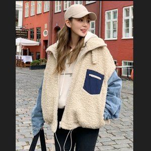 Beige Sherpa Jacket with Denim Sleeves - Casual Women's Coat